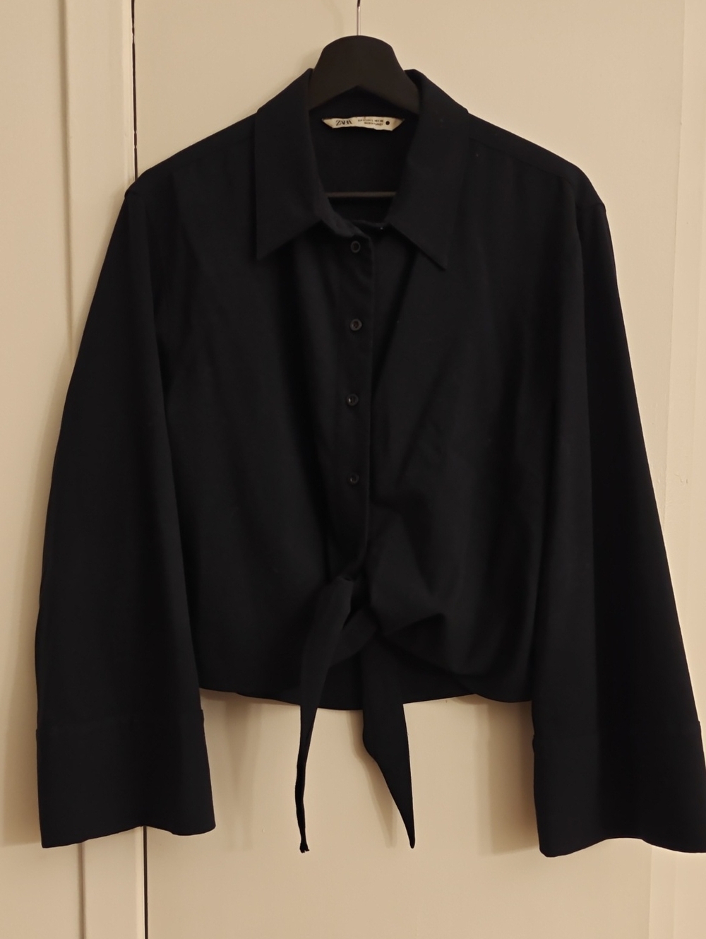 Zara Black Tie-Front Button Down Shirt Navy Blue
